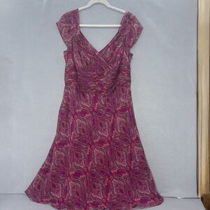 Ann Taylor Crossover V-Neck‎ Silk Pink Paisley Midi Dress SZ 14 Boho Feminine